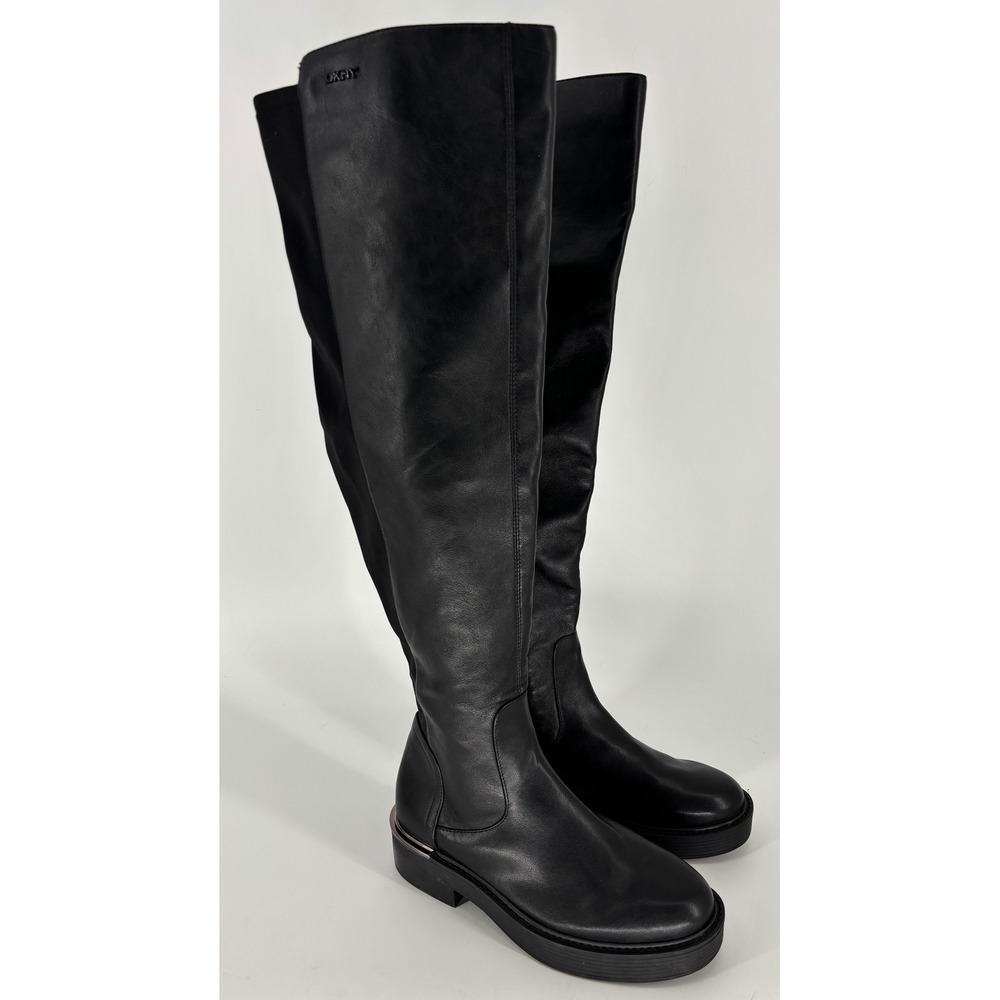 DKNY Winsloe Over The Knee Boots Black Women Size 7.5 Biker Moto Low Block Heel